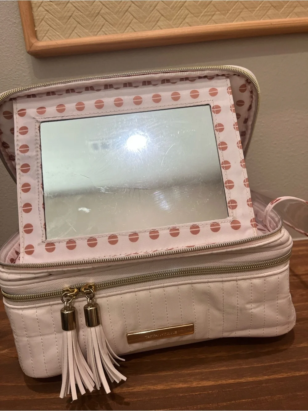 $98 TARTAN + Twine Cream Quilted Cosmetic & Toiletry Travel Case w/Tassel Zipper